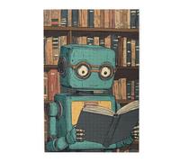 Cafemira 1000 pcs Wooden jigsaw Puzzle,for Adults,Robot Reading in Library,Wonderful imaginationRelieve Stress and Enjoy the Fun of Solving,Suitable for Party Game Nights and Family Recreation