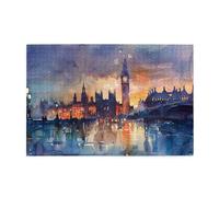 Cafemira 1000 Pcs Wooden Puzzle For Adult,Watercolor Big Ben,London Landmark In Soft Hues,Exercise Hands On Skills And Thinking,Brainstorming For Stress Relief,Every Piece Is Unique