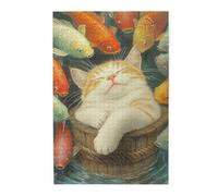 Cafemira 1000 Piece Wooden Jigsaw Puzzle,a cat is sleeping in the middle of many colorful fishe,Creative Activity Hobbies for Adults,Pieces Fit Together Perfectly,Stress relieving pleasure