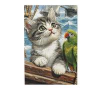 Cafemira 1000 Piece Wooden Jigsaw Puzzle For Adult,Cat Watching Green Parrot On Ancient Ship Deck,Relax And Enjoy The Fun Of Solving,Brainstorming For Stress Relief,Every Piece Is Unique