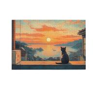 Cafemira 1000 Piece Wooden Jigsaw Puzzle For Adult,Cat Watching Sunset At Beach,Serene Coastal Moment,Exercise Your Hands On Skills,Relax And Enjoy The Fun Of Solving,Every Piece Is Unique