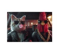 Cafemira 1000 Piece Wooden Jigsaw Puzzle For Adult,Surrealist Anthropomorphism Of Animals,Mr. Cat And Rooster,Relax And Enjoy The Fun Of Solving,Use Your Imagination To The Fullest