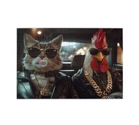 Cafemira 1000 Piece Wooden Jigsaw Puzzle For Adult,Surrealist Anthropomorphism Of Animals,Mr. Cat And Rooster,Relax And Enjoy The Fun Of Solving,Hands On Assembly Of Your Home Decor Wall Art