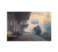 Cafemira 1000 Piece Wooden Jigsaw Puzzle For Adults,An Antique Train Station In Early Morning Fog,Exercise Your Hands On Skills,Every Piece Is Unique,Relieve Stress And Enjoy The Fun Of Solving,