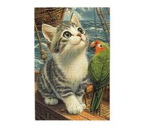 Cafemira 1000 Piece Wooden Jigsaw Puzzle For Adults,Cat Watching Green Parrot On Ancient Ship Deck,Exercise Your Hands On Skills,Relieve Stress And Enjoy The Fun Of Solving,Complete With Family