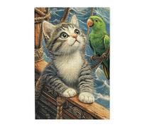 Cafemira 1000 Piece Wooden Jigsaw Puzzle For Adults,Cat Watching Green Parrot On Ancient Ship Deck,Exercise Your Hands On Skills,Every Piece Is Unique,Relieve Stress And Enjoy The Fun Of Solving