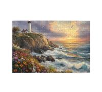 Cafemira 1000 Piece Wooden Jigsaw Puzzle For Adults,Sunset At Coastal Lighthouse,Golden Hour Over Ocean Waves,Exercise Your Hands On Skills,Brainstorming For Stress Relief,Challenge To Yourself