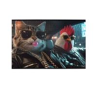 Cafemira 1000 Piece Wooden Jigsaw Puzzle For Adults,Surrealist Anthropomorphism Of Animals,Mr. Cat And Rooster,Exercise Your Hands On Skills,Relieve Stress And Enjoy The Fun Of Solving
