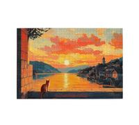 Cafemira 1000 Pieces Wooden Jigsaw Puzzle For Adults,Cat Watching Sunset At Beach,Serene Coastal Moment,Brainstorming For Stress Relief,Exercise Your Hands On Skills,Complete With Family