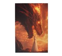 Cafemira 1000 Pieces Wooden Jigsaw Puzzle For Adults,Flames Surround The Red Dragon And The Beautiful Woman In White Dress,Relax And Enjoy The Fun Of Solving,Exercise Hands On Skills And Thinking