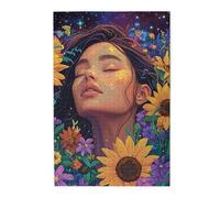 Cafemira 1000 Pieces Wooden Jigsaw Puzzle For Adults,Serene Woman Eyes Closed Surrounded By Sunflowers,Exploratory Hobbies And Challenges,Hands On Assembly Of Your Home Decor Wall Art