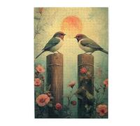 Cafemira 1000 Pieces Wooden Jigsaw Puzzle For Adults,Two Birds In Love Perched On Wooden Post,Romantic Avian Couple,Relax And Enjoy The Fun Of Solving,Exercise Hands On Skills And Thinking