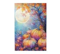 Cafemira 1000 Pieces Wooden jigsaw Puzzle for Adults,Watercolor Pumpkins Under Moonlight,Dreamy Autumn Night Scene,Relax and Enjoy the Fun of Solving,Exercise Hands on Skills and Thinking