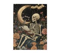 Cafemira 500 Pcs Unique Jigsaw Puzzle Wooden for Adult,Skeleton sitting on the moon reading a book,holding a book in its hand,Relax and Enjoy the Fun of Solving,Exploratory hobbies &challenges