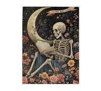 Cafemira 500 Pcs Unique Jigsaw Puzzle Wooden for Adult,Skeleton sitting on the moon reading a book,Relax and Enjoy the Fun of Solving,Exploratory hobbies &challenges,pleasure both body and mind