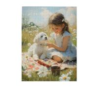 Cafemira 500 pcs Wooden Jigsaw Puzzle for Adults,Little Girl & Puppy Picnic in Sunny Meadow,Relieve Stress and Enjoy the Fun of Solving,Exercise your hands on skills,Ideal for party game nights
