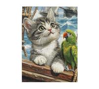 Cafemira 500 Piece Wooden Jigsaw Puzzle for Adult,Cat Watching Green Parrot on Ancient Ship Deck,Relax and Enjoy the Fun of Solving,Brainstorming for Stress Relief,Every Piece is Unique