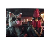 Cafemira 500 Piece Wooden Jigsaw Puzzle For Adult,Surrealist Anthropomorphism Of Animals,Mr. Cat And Rooster,Relax And Enjoy The Fun Of Solving,Use Your Imagination To The Fullest
