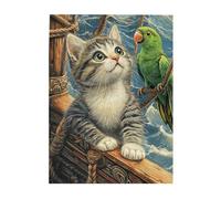 Cafemira 500 Piece Wooden jigsaw Puzzle for Adults,Cat Watching Green Parrot on Ancient Ship Deck,Exercise your hands on skills,Every Piece is Unique,Relieve Stress and Enjoy the Fun of Solving