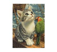 Cafemira 500 Piece Wooden jigsaw Puzzle for Adults,Cat Watching Green Parrot on Ancient Ship Deck,Exercise your hands on skills,Relieve Stress and Enjoy the Fun of Solving,Complete with family