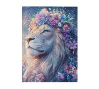 Cafemira 500 Pieces Wooden jigsaw Puzzle for Adults,A glittering,pastel-colored lion covered in flowers and crystals,Relieve Stress& Enjoy the Fun of Solving,Every Piece is Unique