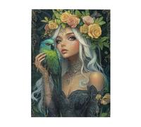 Cafemira 500 Pieces Wooden Jigsaw Puzzle For Adults,Elegant woman And Emerald Parrot,Graceful Avian Companionship,Relieve Stress& Enjoy The Fun Of Solving,Exercise Your Hands On Skills