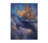 Cafemira 500 Pieces Wooden jigsaw Puzzle for Adults,Whale Soaring Through Clouds with Oriental City on Its Back,Pieces Fit Together Perfectly,Relieve stress and enjoy the fun of solving puzzles