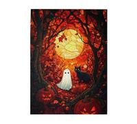 Cafemira A little white ghost and a black cat in autumn forests, Adults Wooden jigsaw Puzzle 500 Pieces,Relieve Stress and Enjoy the Fun of Solving,Exercise Hands on Skills and Thinking