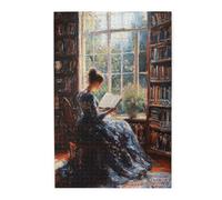 Cafemira A woman reading a book in a cozy library,1000 Pcs Wooden jigsaw Puzzle,Relieve Stress &Enjoy the Fun of Solving,Creative Activity Hobbies for Adults,Complete with family and friends