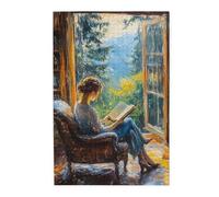Cafemira A woman reading a book in a cozy library,Wooden Jigsaw Puzzle 1000 pcs for Adults,Relieve Stress and Enjoy the Fun of Solving,Every Piece is Unique,Great for Relaxation and Display