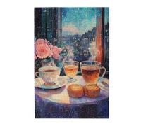 Cafemira Adult Jigsaw Puzzle Wooden 1000 Pcs,Tea And Dim Sum On The Oil Painting Style Table,Pieces Fit Together Perfectly,Relax And Enjoy The Fun Of Solving,Ideal For Relaxation &Family Fun