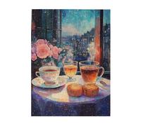 Cafemira Adult Jigsaw Puzzle Wooden 500 Pcs,Tea and Dim sum on the oil painting style table,Pieces Fit Together Perfectly,Relax and Enjoy the Fun of Solving,Ideal for Relaxation &Family Fun