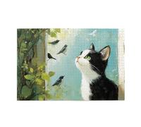 Cafemira Adult puzzles game,1000 pcs Wooden Jigsaw Puzzle,The cat looked out the window at the birds,Relieve Stress and Enjoy the Fun of Solving Puzzles,Ideal for party game nights,