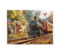 Cafemira Adult Wooden 500 Pcs Jigsaw Puzzle,Steam Train & Running Puppy,Relieve Stress And Enjoy The Fun Of Solving,Hands On Assembly Of Your Home Decor Wall Art,Complete With Family And Friends