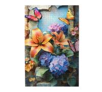 Cafemira Adult Wooden Jigsaw Puzzle 1000 Piece,Flowers & Butterflies Breaking Through Old Wall,Vibrant Artwork,Exercise Hands On Skills And Thinking,Use Your Imagination To The Fullest