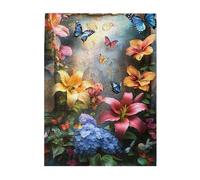 Cafemira Adult Wooden Jigsaw Puzzle 500 Piece,Flowers & Butterflies Breaking Through Old Wall,Vibrant Art,Exercise Hands on Skills and Thinking,Party events to bring people closer together