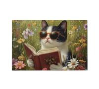 Cafemira Adults animal Wooden puzzles,Jigsaw Puzzle 1000 Piece,Cool Cat in Sunglasses Reading Among Flowers,Relieve Stress and Enjoy the Fun of Solving,Great for Relaxation and Display