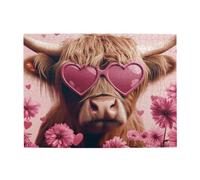 Cafemira Adults Jigsaw Puzzle,Highland Cattle Wearing Sunglasses,500 Pcs Wooden Puzzles,Complete With Family Friends,Party Events To Bring People Closer Together,Gift For Animal Lovers