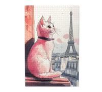 Cafemira Adults Wooden Jigsaw Puzzle 1000 Pcs,Cute Kitten And Landmark Of The Iron Tower City,Relieve Stress And Enjoy The Fun Of Solving,Exercise Your Hands On Skills,Gift For Animal Lovers