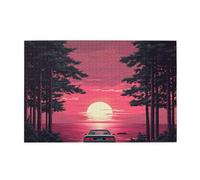 Cafemira Adults Wooden Jigsaw Puzzle 1000 Pieces,Ocean Sunset With Vintage Car Parked Under Palm Tree,Relieve Stress And Enjoy The Fun Of Solving,Exercise Hands On Skills And Thinking
