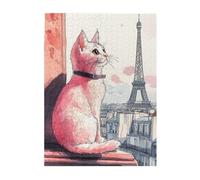 Cafemira Adults Wooden Jigsaw Puzzle 500 Pcs,Cute kitten and landmark of the Iron Tower city,Relieve Stress and Enjoy the Fun of Solving,Exercise your hands on skills,gift for animal lovers
