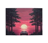 Cafemira Adults Wooden Jigsaw Puzzle 500 Pieces,Ocean Sunset With Vintage Car Parked Under Palm Tree,Relieve Stress And Enjoy The Fun Of Solving,Exercise Hands On Skills And Thinking