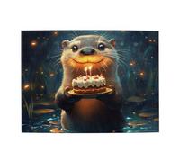 Cafemira Adults Wooden Jigsaw Puzzle 500 Pieces,Smiling Otter& Birthday Cake,Relax Enjoy The Fun Of Solving,Exercise Your Hands On Skills,Party Events To Bring People Closer Together