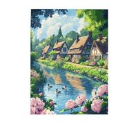Cafemira Adults Wooden jigsaw Puzzle 500 Pieces,Thatched Cottage by Peaceful Riverbank with flowers,Relieve Stress and Enjoy the Fun of Solving,Exercise Hands on Skills and Thinking
