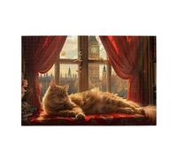 Cafemira Cat Basking In Sunlight,Cozy Window Nap,1000 Pcs Adult Wooden Jigsaw Puzzle,Exercise Hands On Skills And Thinking,Every Piece Is Unique,Relieve Stress & Enjoy The Fun Of Solving Puzzles