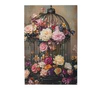 Cafemira chic Wooden Jigsaw Puzzle 1000 Piece,metal bird cage with stunning lush blooms,Creative Activity Hobbies for Adults,Relax &Enjoy the Fun 0f Solving,Every Piece is Unique