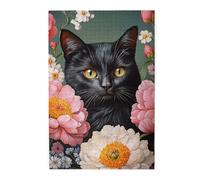 Cafemira Colorful Flowers And Black Cat,Wooden Jigsaw Puzzle 1000 Piece,Creative Activity Hobbies For Adults,Exploratory Hobbies And Challenges,Every Piece Is Unique,Complete With Family Friends