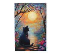 Cafemira Exquisite Jigsaw Puzzle 1000 Piece,Black Cat Sitting by Riverside,Surrounded by Lush Greenery and Flowers,Adult Wooden puzzles game,Relax and enjoy the fun of solving,Stunning Artwork