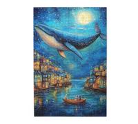Cafemira Exquisite Jigsaw Puzzle 1000 Piece,Whale Floating Above Quaint Town,Surreal Skybound Scene,Adult Wooden puzzles game,Relax and enjoy the fun of solving,Complete with family friends