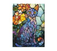 Cafemira Exquisite jigsaw Puzzle for Adults 500 Pcs,Stained glass cat,Wooden Puzzles,Relieve Stress and Enjoy the Fun of Solving,Every Piece is Unique,Exploratory hobbies and challenges